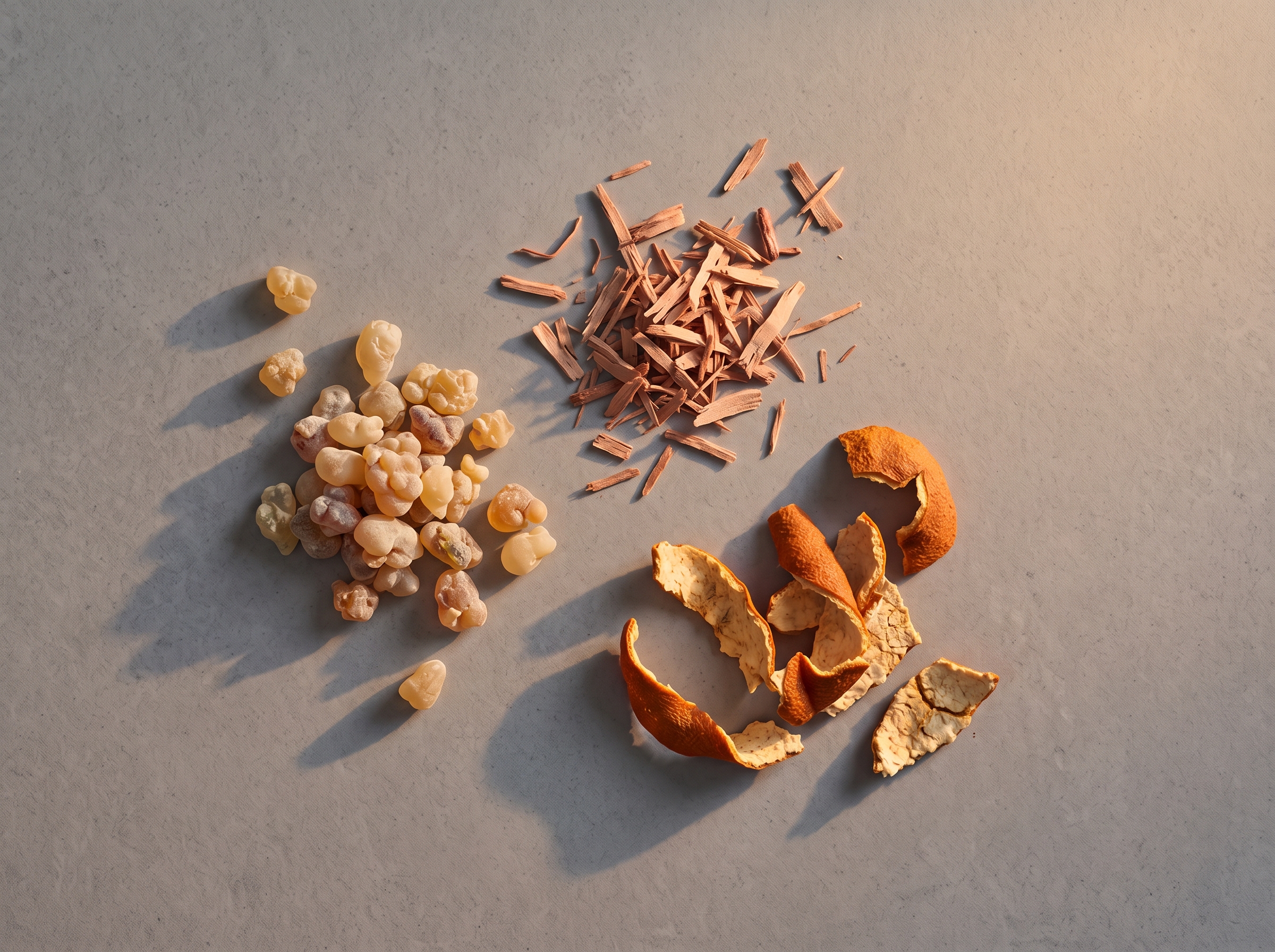 Frankincense tears, cedar shavings and dried orange peel on grey stone.