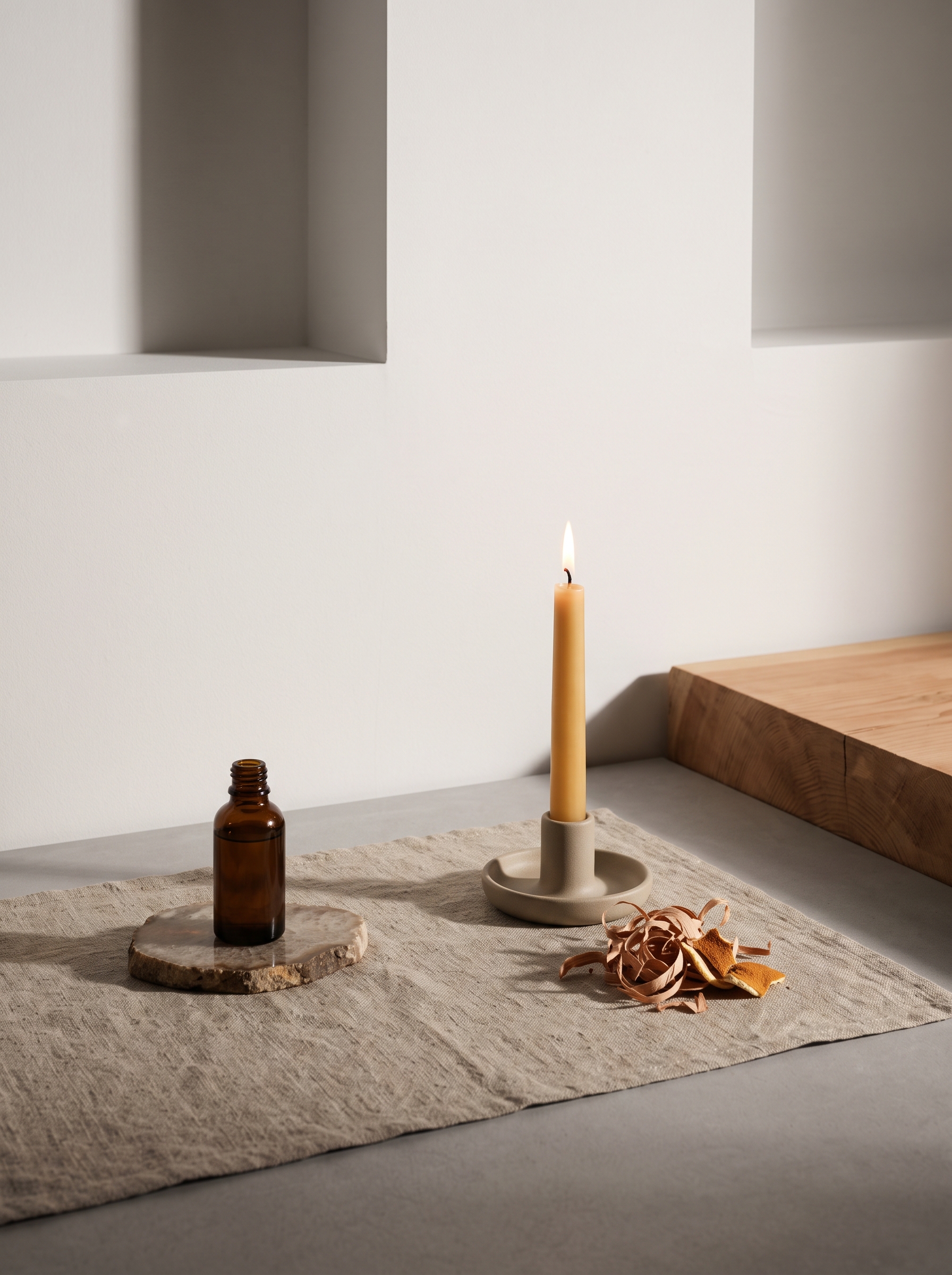 A beeswax taper and an amber bottle on a linen mat in a quiet alcove.