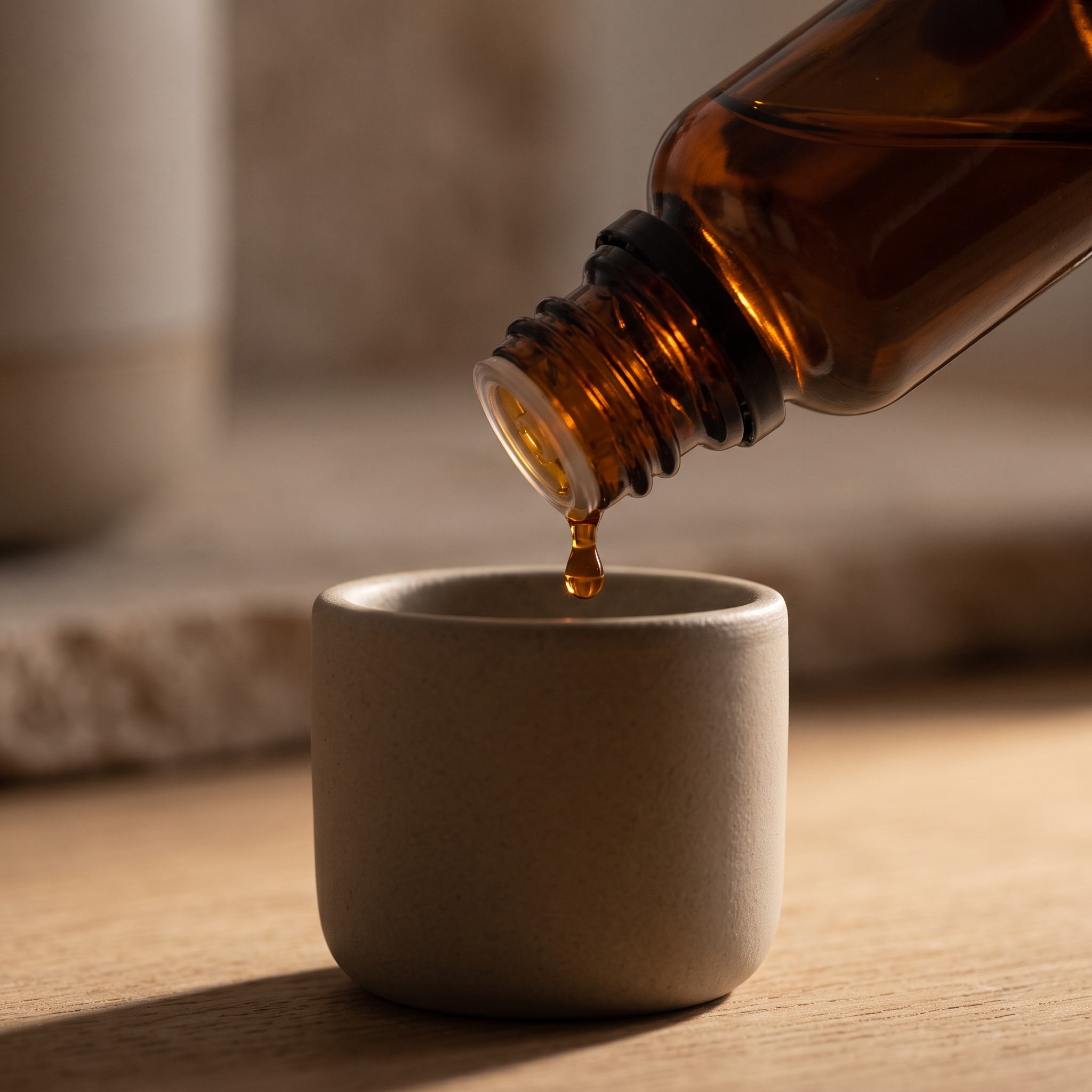 An amber bottle releasing a single drop of oil into a small stoneware cup.